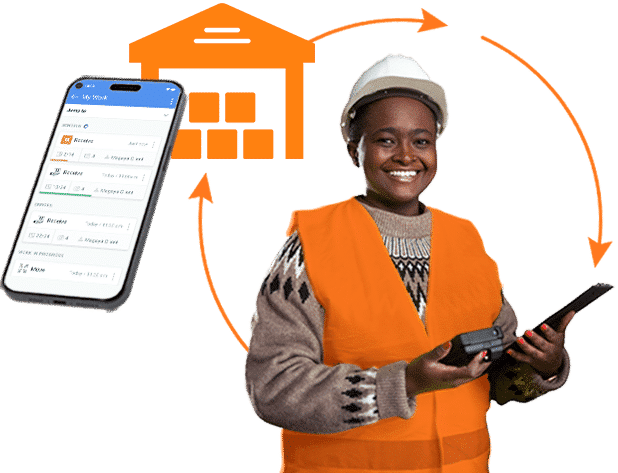 a woman in an orange vest holding a pair of calculators